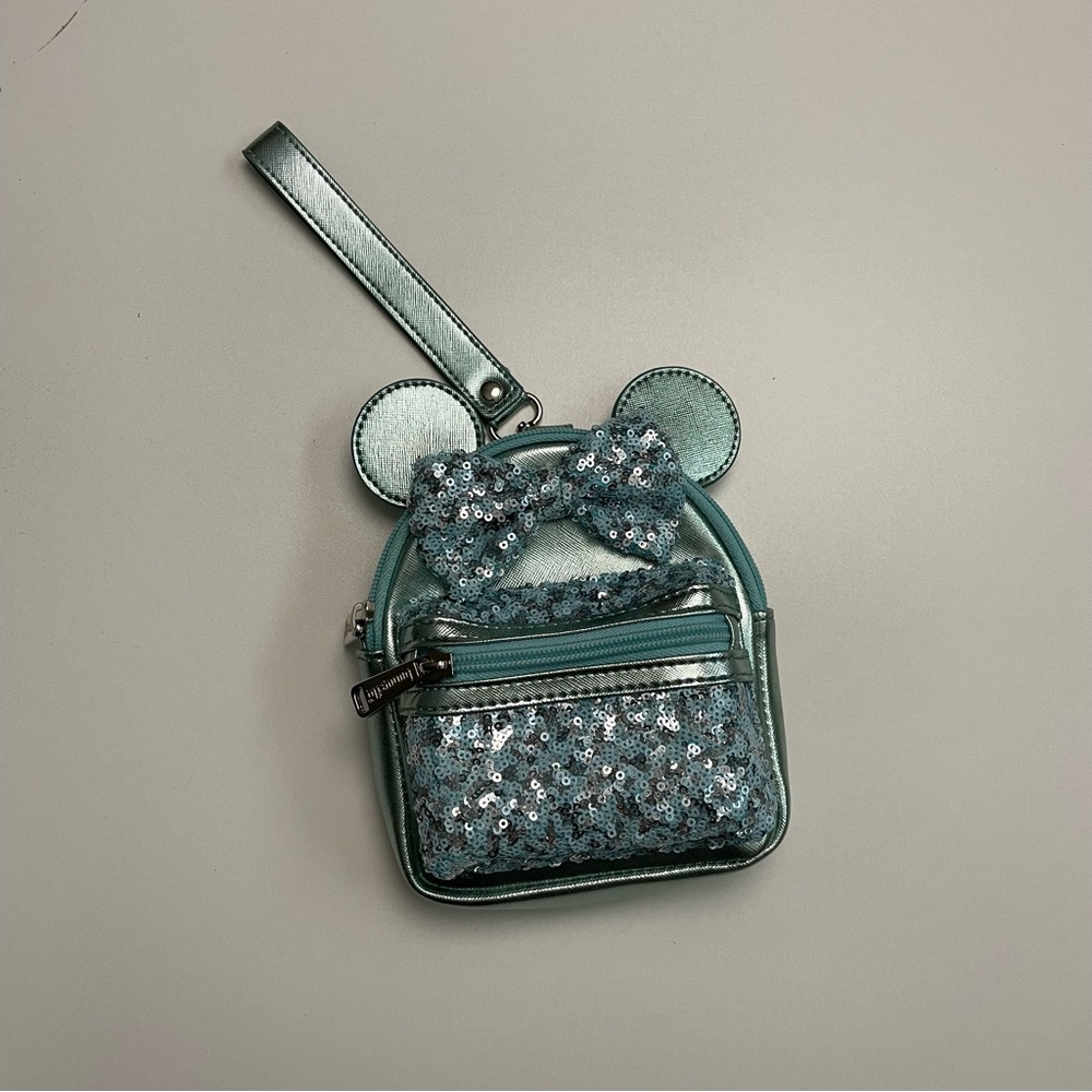Disney Parks Loungefly Mini Backpack Minnie Bow Wristlet Sequin Green Silver